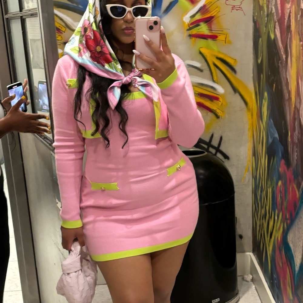 Pink and green mini dress with matching jacket